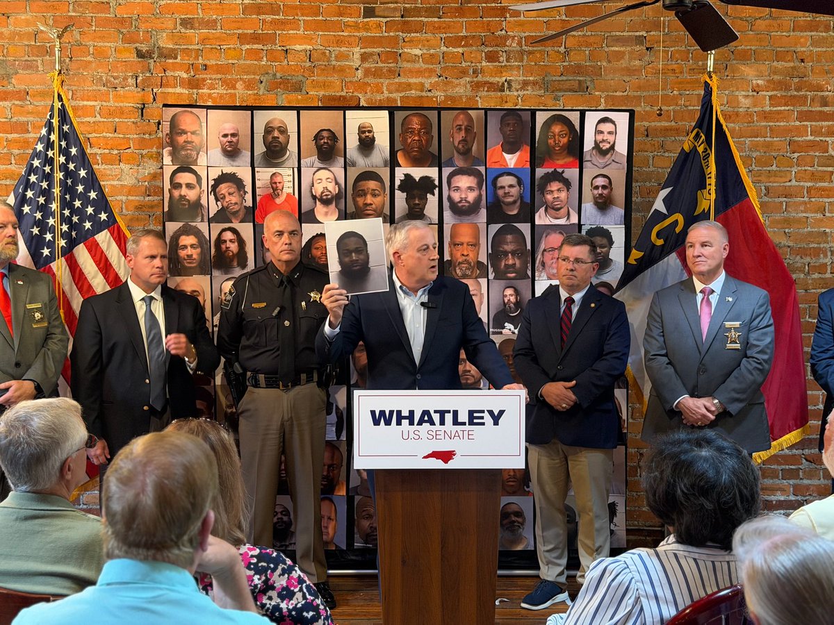 WhatleyNC's tweet photo. Blood is still dripping from Roy Cooper’s hands after he released 4,200 violent criminals from prison, including 25 who went on to kill innocent North Carolinians. 

Today I joined Carteret County Sheriff John Nyberg, Craven County Sheriff Chip Hughes and @BobBrinsonJr in Craven County to expose Roy Cooper’s soft on crime record. 

25 North Carolinians are dead and Cooper still refuses to take responsibility.