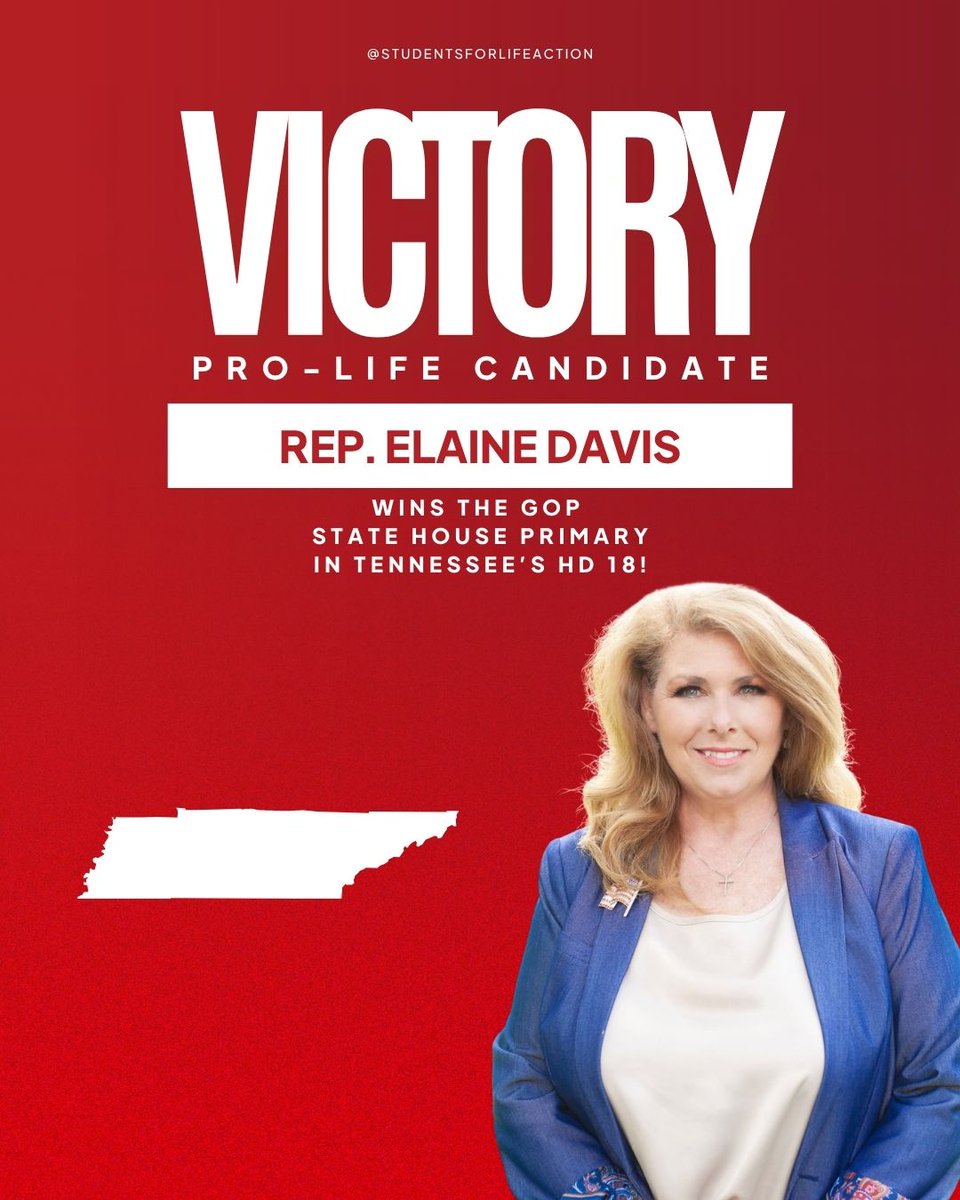 SFLAction's tweet photo. Rep. Elaine Davis (@ElaineElect) just won her GOP primary in Tennessee State House District 18! Rep. Davis signed the SFLAction Pro-Life Candidate Pledge, committing to keep fighting for preborn babies with a 100% pro-life record. Congratulations, on to November! https://t.co/BfMZPEO5wt