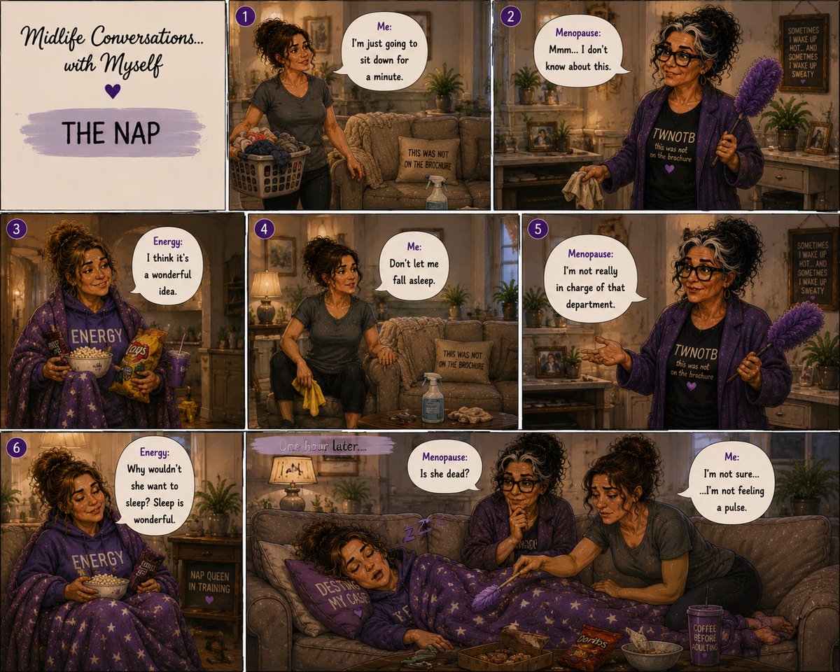 TWNOTB's tweet photo. Anyone else sit down for “just a minute” and wake up an hour later checking for a pulse? 
 Drop a 😴 if your naps have a mind of their own  #MidlifeConversations #TheNap #NapQueen #MenopauseHumor #WomenOver40 #WomenOver50 #LowBatteryClub #MidlifeMood #ThisWasNotOnTheBrochure #ProtectYourPeace