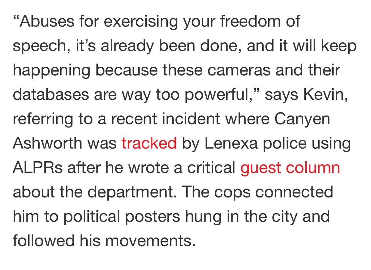 RVAwonk's tweet photo. JFC. A Kansas police department used Flock cameras to track down a local resident after he wrote a critical guest column about the department. “The police connected him to political posters hung in the city and followed his movements.” https://t.co/Q9dJaWA1dv