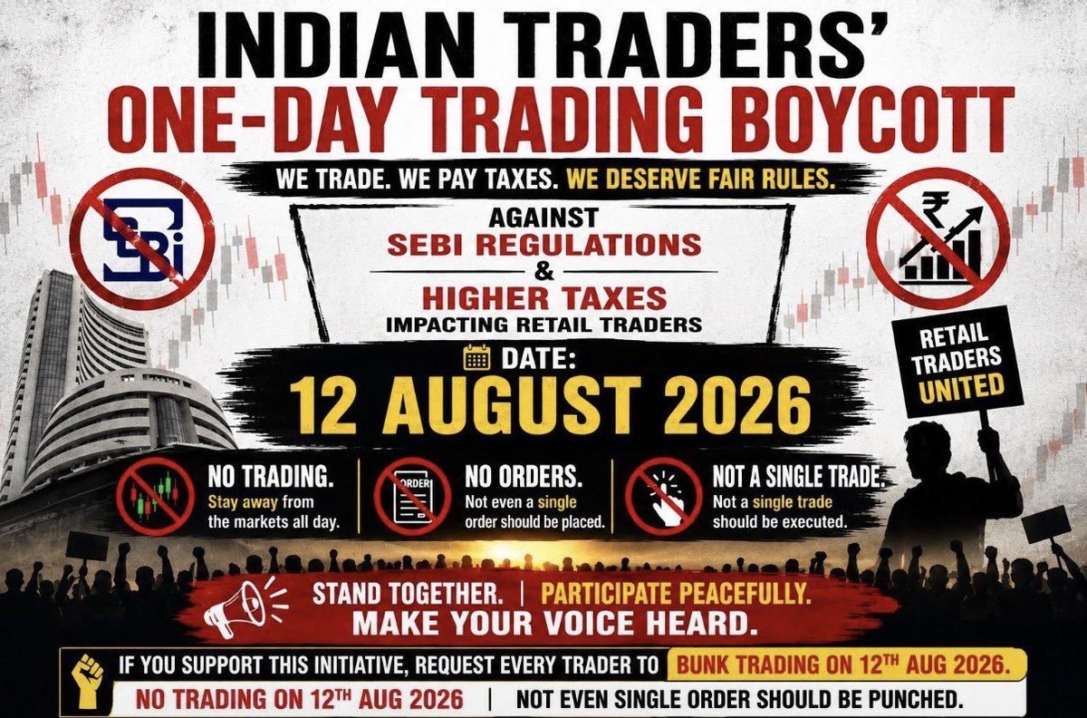 Menrights10's tweet photo. Trading is my profession and my livelihood.

I support this movement because every retail trader deserves fair rules.

If you’re a trader, I request you to avoid taking even a single trade on 12th August 2026

Let’s stand together 💪

Pls Retweet For max Reach https://t.co/jIQswKd89L