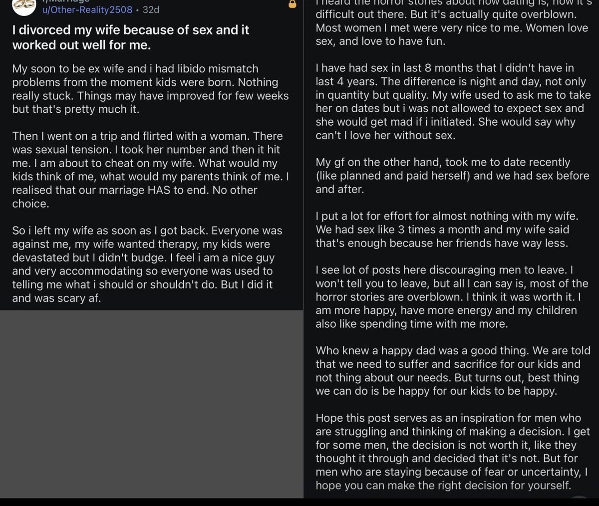 Cr7Godbrand's tweet photo. If you as a woman demand monogamy, you made a deal.

You told that man: "Give up all other women. Don't touch anyone else. Don't even look at anyone else. I will be enough for you."

That was YOUR pitch.

So you cannot then marry him and turn off the sex.

You cannot tell a man he is not allowed to go anywhere else, and then refuse to give him anything at home. That is a hostage situation. That is control, not love.

You were having sex with him 5 times a week when you wanted to lock him down. You were wild, freaky, everything. The minute you get the ring, the house, the kids - you become a dead fish who is always tired.

You didn't change. You revealed who you always were. You manipulated him.

And here's the most selfish part: When YOU want it, you know he will deliver. He could be dead tired, just worked a 12-hour shift, half asleep - but if you touch him, he is ready for YOU. No excuses.

But when HE wants it? Now there are conditions. Now you have a headache. Now you have to be in the mood. Now he has to earn it.

You want all the loyalty of monogamy with none of the duty.