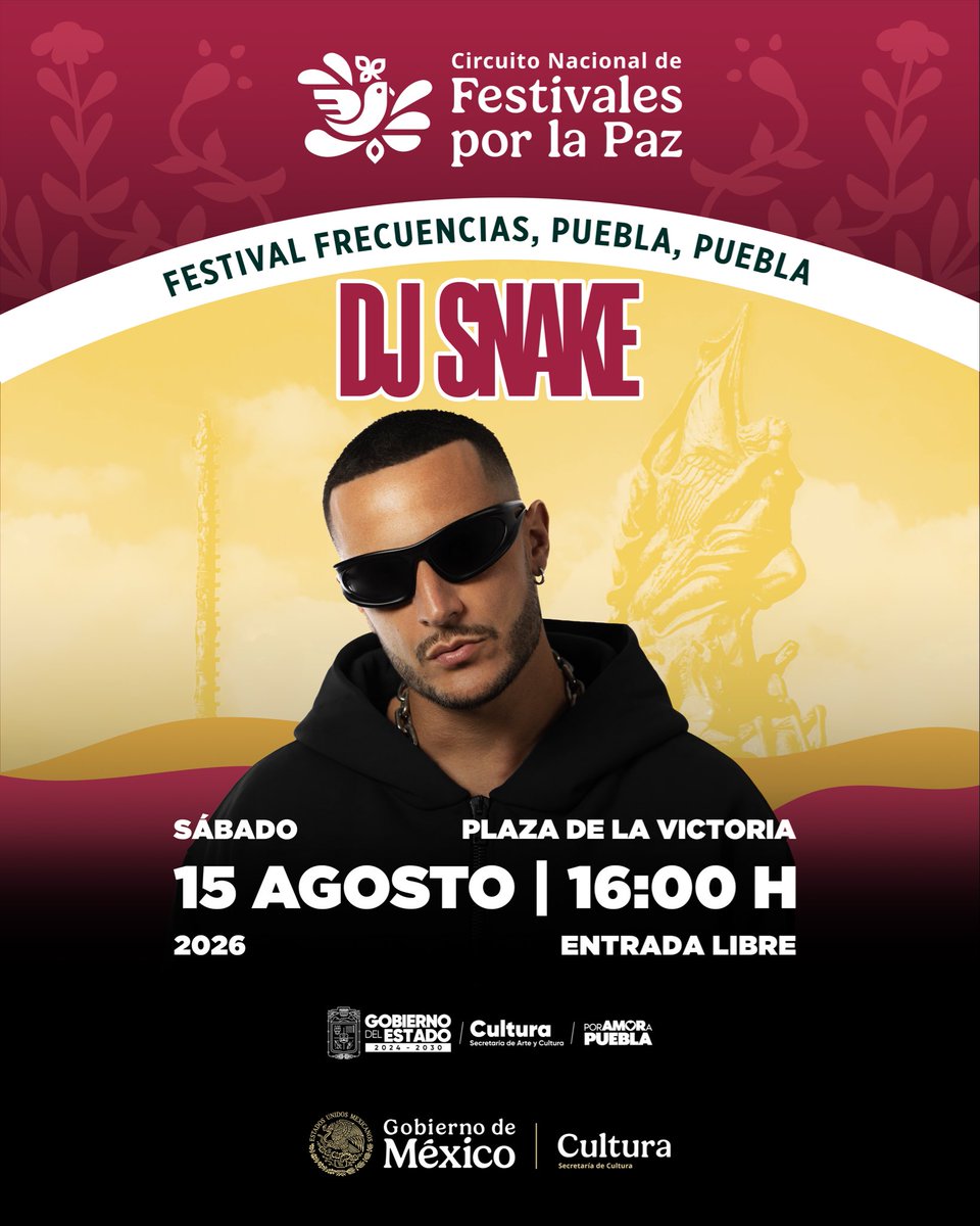 armentapuebla_'s tweet photo. Puebla se suma al Circuito Nacional de Festivales por la Paz. 🕊️🎶

📆Este 15 de agosto, @djsnake 🐍 llega al Festival Frecuencias con un concierto gratuito en la Plaza de la Victoria. 🙌🏻

🕓16:00 hrs
🎟️Entrada Libre https://t.co/FoKBjwdYnL