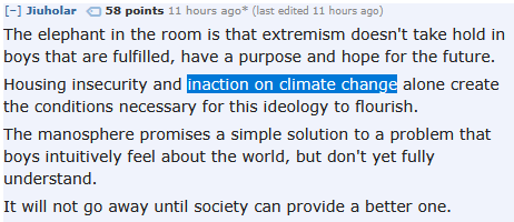 SkullSpeedDeal's tweet photo. Young men are feeling alienated due to "inaction on climate change"

Righto... https://t.co/QNIRI90pow