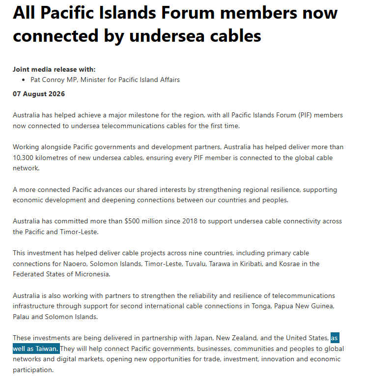 stephendziedzic's tweet photo. A somewhat rare mention of the word "Taiwan" in an Australian government press release on the Pacific. Although still with the inevitable "as well as" rider which is (I suppose) meant to magically inoculate the statement from accusations it somehow breaches our One China policy https://t.co/yQ1kXAycLE