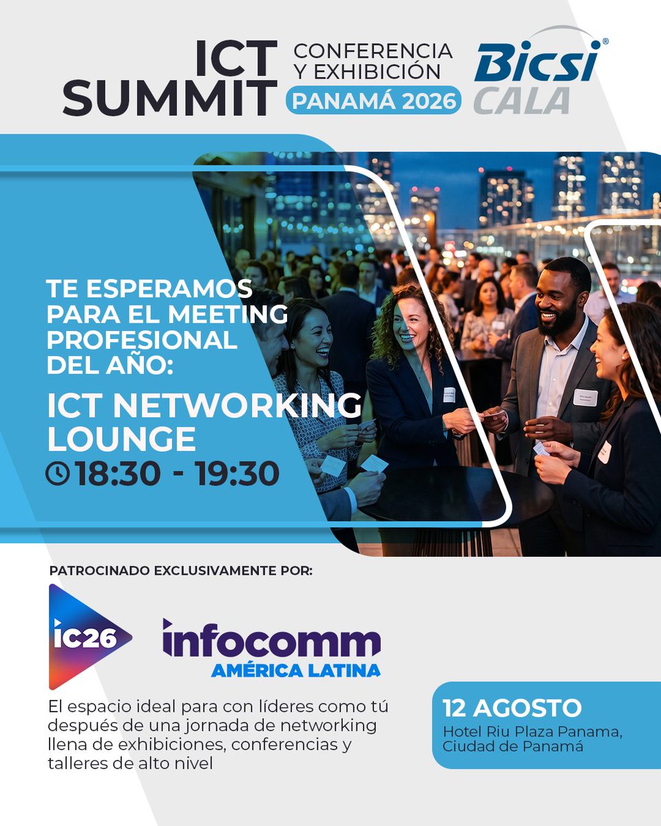 BICSI_CALA's tweet photo. ¡Conecta en el ICT Networking Lounge de @InfoComm en el ICT Summit Panamá 2026! 🚀

🗓️ 12 ago
📍 Hotel Riu Plaza Panama

🌐 https://t.co/l2PPI5trCZ

#BICSI #BICSICALA #ICT #TIC https://t.co/5A4iSjoqMN