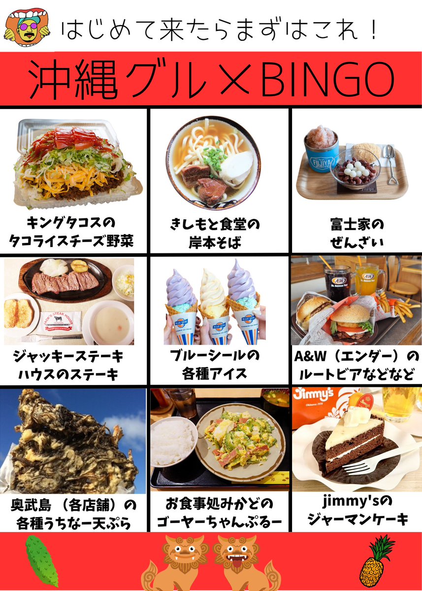 tabekueta's tweet photo. 今回は揃う方多いはず
沖縄グルメビンゴ初級編です https://t.co/7BtS4n9H9z