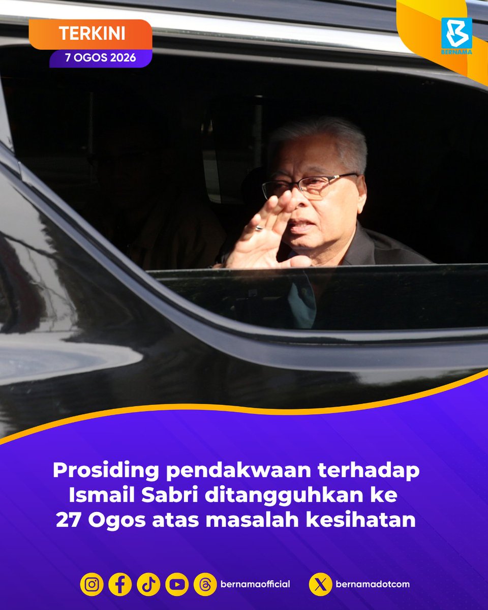 bernamadotcom's tweet photo. [TERKINI] Prosiding pendakwaan terhadap Ismail Sabri ditangguhkan ke 27 Ogos kerana beliau dimasukkan ke IJN atas masalah kesihatan

#BernamaNews #IsmailSabri #Mahkamah https://t.co/Mxc80w2sAS