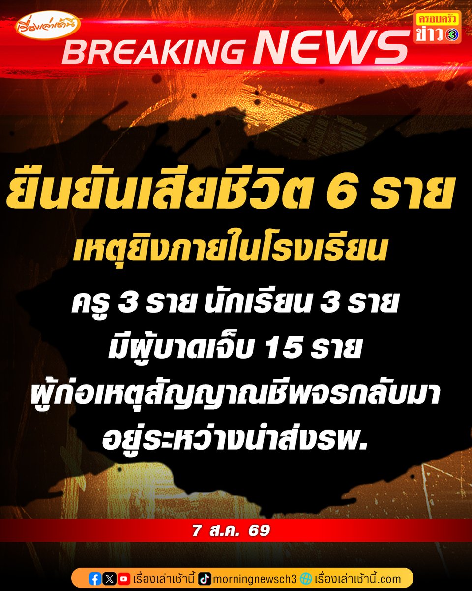 MorningNewsTV3's tweet photo. กรณีเกิดเหตุยิงกันภายในโรงเรียนเทพศิรินทร์นนทบุรี มีรายงานล่าสุดยืนยันว่ามีผู้เสียชีวิต 6 ราย เป็นครู 3 ราย และนักเรียน 3 ราย ผู้บาดเจ็บ 15 ราย ขณะเดียวกันมีรายงานว่า ผู้ก่อเหตุหลังตัดสินใจจบชีวิตตัวเอง เจ้าหน้าที่ได้ทำการ CPR พบว่า มีสัญญาณชีพจรกลับมา ขณะนี้อยู่ระหว่างนำส่งโรงพยาบาล

#เรื่องเล่าเช้านี้ #ครอบครัวข่าว3 #กราดยิง #นนทบุรี