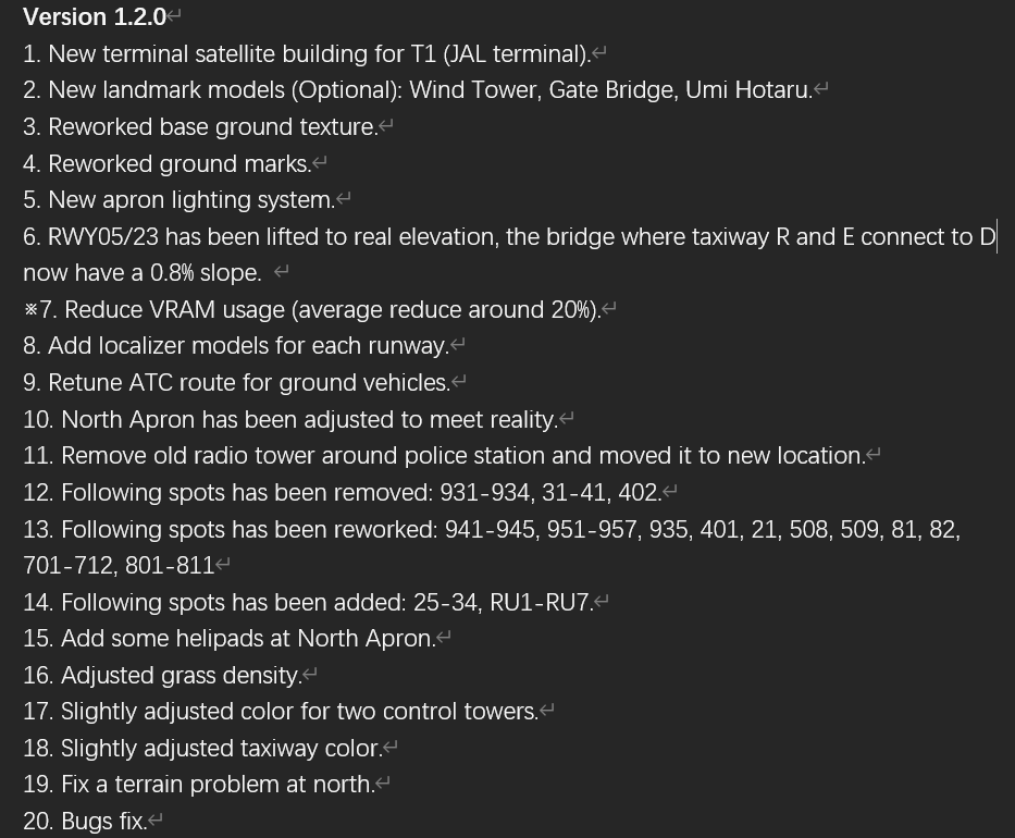 Panda136Li's tweet photo. 1.2.0 update is almost finish, full change log see pics below.
I'm currently testing it and trying to find out any problem left, if everything goes fine, update may be released next week.
This update is a  free update, no extra charge required.
#RJTT #Haneda #XPlane https://t.co/OJ1vVbGi09