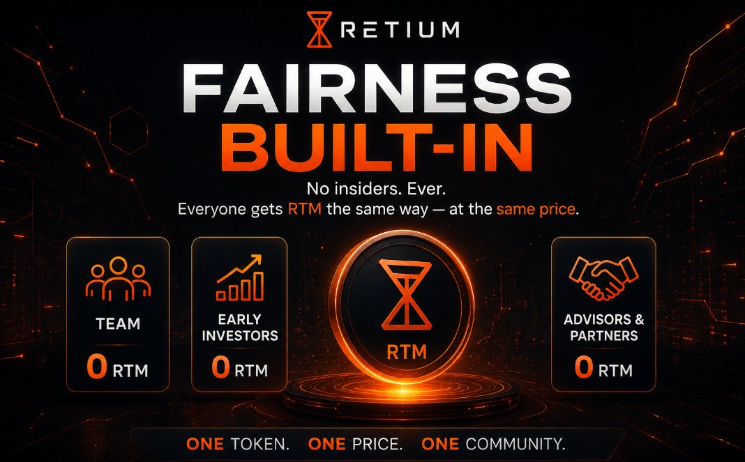 30p25cm's tweet photo. In a market where insiders often receive massive allocations before the community, @RetiumChain  is taking a different path:

Team: 0 RTM
Early Investors: 0 RTM
Advisors & Partners: 0 RTM

No VC discounts. No insider unlocks. No preferential pricing.

Everyone receives RTM in the same way, at the same price.

This is the true model of a token economy that puts the community first.