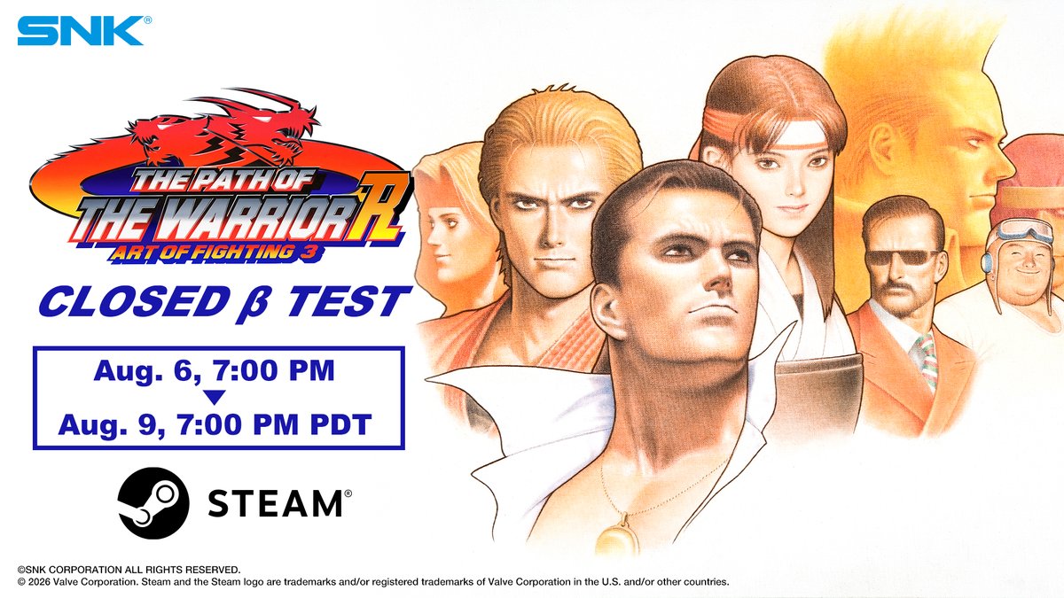 NEOGEO_EN's tweet photo. The THE PATH OF THE WARRIOR: ART OF FIGHTING 3 R Closed Beta Test starts today! 🎉

Participants, please check the instructions sent to you by email and enjoy the CBT!

We'd also love to hear your feedback and impressions after you play. ✨

#ArtOfFighting #AOF https://t.co/YKN1EWHPvw