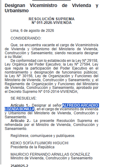 cviguria's tweet photo. En El Peruano, se designó a Alfredo Lozada como viceministro de vivienda y urbanismo del Ministerio de Vivienda, a cargo de Mauricio Arnillas. 
Lozada es actual militante del PPC y figura haber sido elegido regidor de la Municipalidad de Miraflores en 2018. https://t.co/bikLG76UMV
