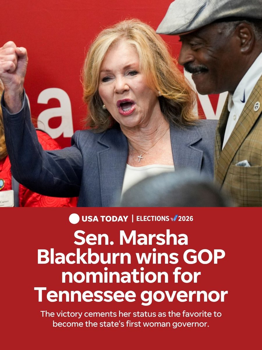 USATODAY's tweet photo. BREAKING: U.S. Sen. Marsha Blackburn won Tennessee's Republican nomination for governor on Aug. 6, defeating two other conservative candidates and cementing her status as the heavy favorite to become the first woman to lead the state, NBC News and the Associated Press have projected.

In November's midterm, Blackburn will face Jerri Green, who won the Democratic nomination, CNN and the Associated Press projected.

📸: Chris Day/The Commercial Appeal

Read more: https://t.co/B1oFmlaypa