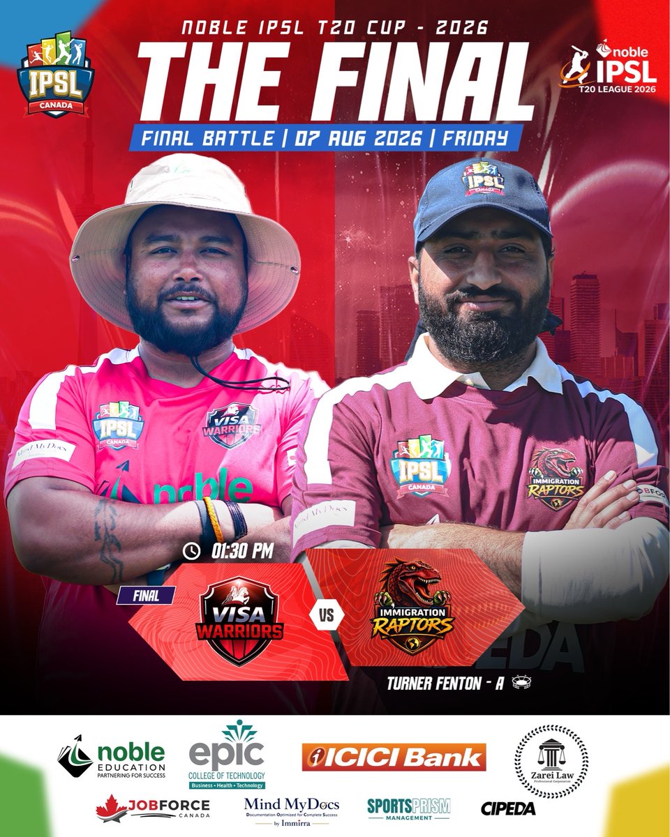 IpslCanada's tweet photo. Final: The stage is set. 🏆 

Visa Warriors 🆚 Immigration Raptors for the Noble IPSL 2026 crown! 🔥

#nobleipsl2026 #ipsl2026 #ipsl #cricketincanada #cipeda https://t.co/snJY6KBxzC