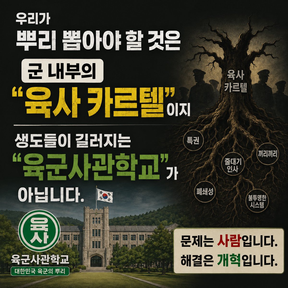 Captain_kim1988's tweet photo. 통합사관학교
명분은 오직 징벌적 사관학교 폐지였다.
그러니 어떠한 명분도 흐릿해지고
논리가 비약해진다.
생도가 잘못인가?
지금도 애국심하나로
육사에 입교한 젊은 청춘들이
주눅이 들까 마음이 아프다...
#군대 #군인 #장교 #부사관 #직업군인 #군무원 #캡틴김상호 #ROTC #육군사관학교 #육군3사관학교 #학사장교 #통합사관학교