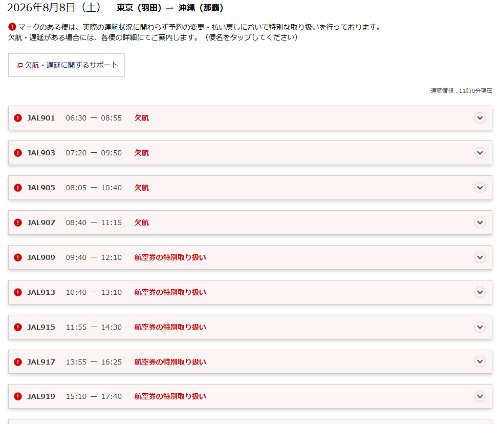 sapi_gosanke's tweet photo. 台風の影響で羽田→那覇便は現時点で
ANA：8/7,8全便欠航
JAL：8/7全便欠航、8/8午前中到着便欠航
となっている。
このようにJALは欠航にする判断を引っ張る傾向があるが、台風情報を見るとJALの8/8午後到着便も欠航の可能性高そうで、もしかしたら夕方以降到着便だけ行ける可能性があるか。 https://t.co/wGyghUdUEW