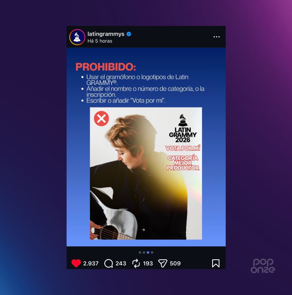 poponze's tweet photo. Após artistas divulgarem submissões ao Latin GRAMMY 2026, a Academia publicou um aviso com regras sobre o que é proibido nas divulgações:

“Não é permitido: usar o gramofone ou os logotipos oficiais; citar o nome ou o número de uma categoria; ou frases como ‘Vota por mim’.” https://t.co/h5Puw3nc9d