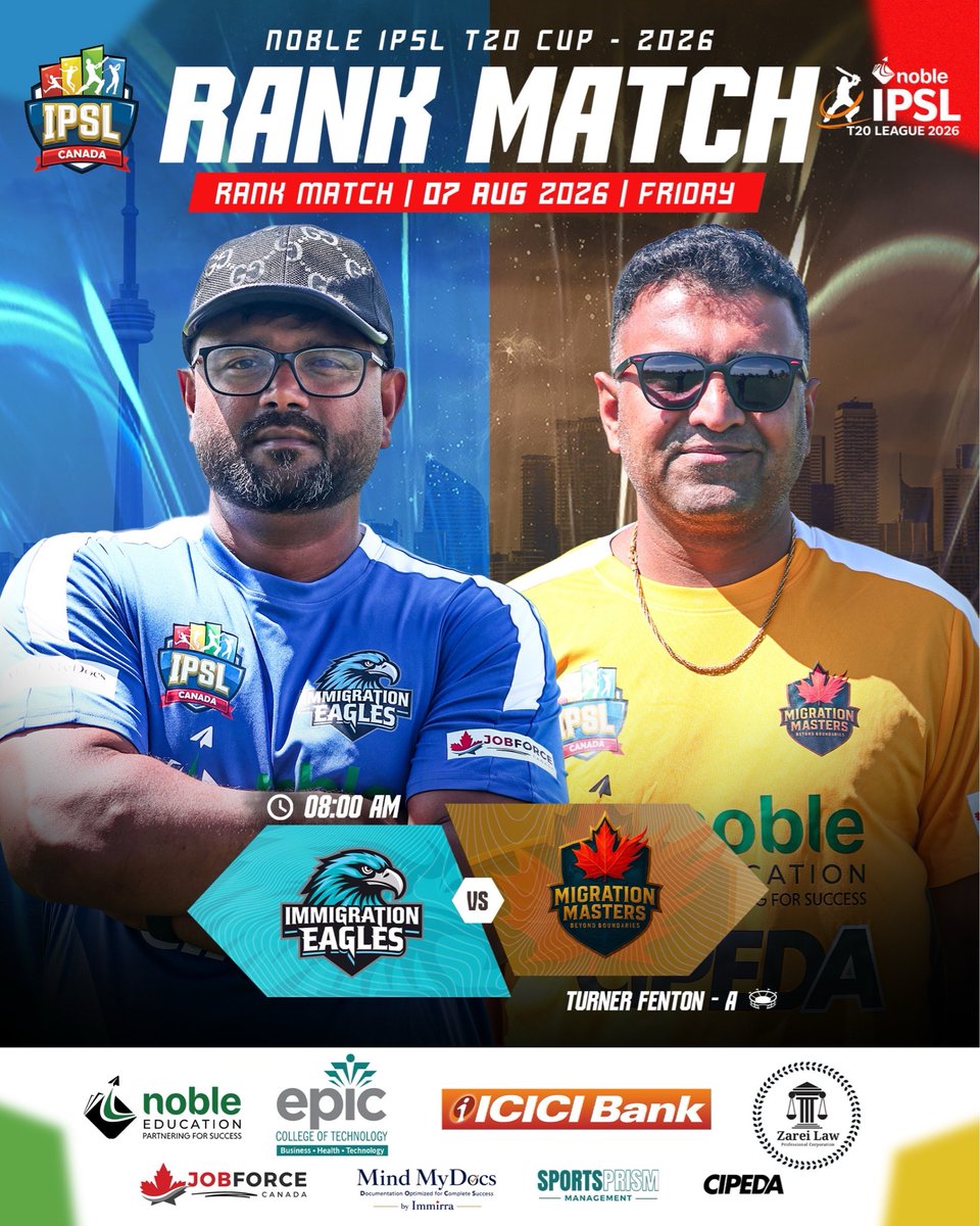 IpslCanada's tweet photo. Rank Match 2: Pride on the line! 💪 

Immigration Eagles 🆚 Migration Masters to finish their IPSL 2026 campaign strong. 🏏

#nobleipsl2026 #ipsl2026 #ipsl #cricketincanada #cipeda https://t.co/1AK7WB835Y