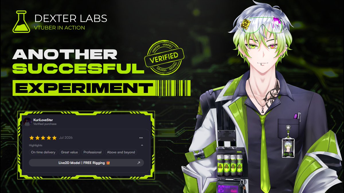 dexterlabstudio's tweet photo. 【 EXPERIMENT COMPLETE 】

◈ Result:
★★★★★

⌁ Thank you for trusting
Dexter Labs. 💚

#VGenComm #Live2D #artmootsㅤ https://t.co/ys7AMyZd2p