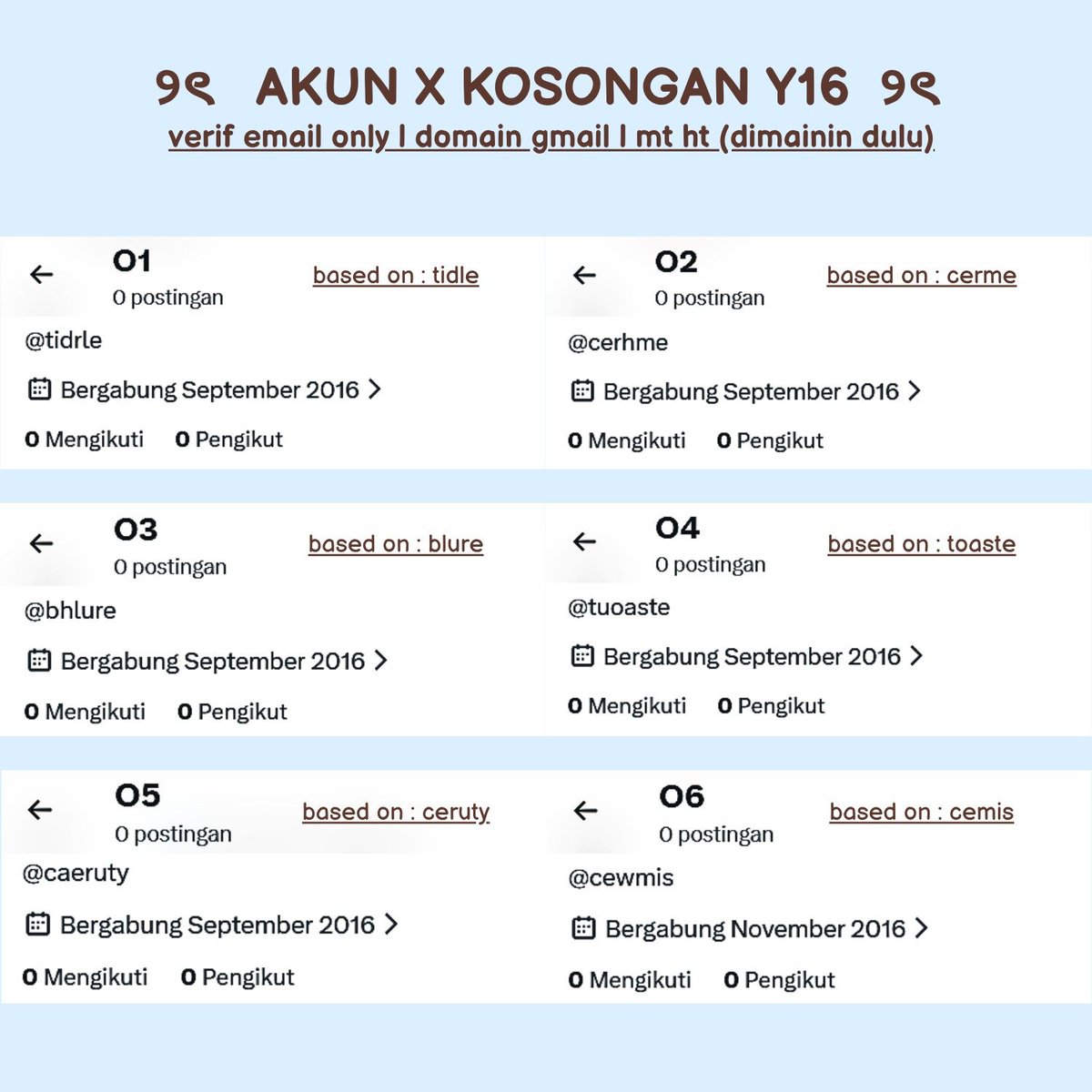 myentol's tweet photo. @catinbluez wts akun x kosongan tahun lama (y16)

𔘓. verif email only
⭑. domain gmail 
𔘓. email ga pending
⭑. @ mulchar (username ada di pict)
𔘓. bisa ganti username 
⭑. mt, ht dimainin dulu
𔘓. dapat data akun x dan email lengkap

💸 : 22.000 / each

#zonauang https://t.co/hrKwRxfMf2