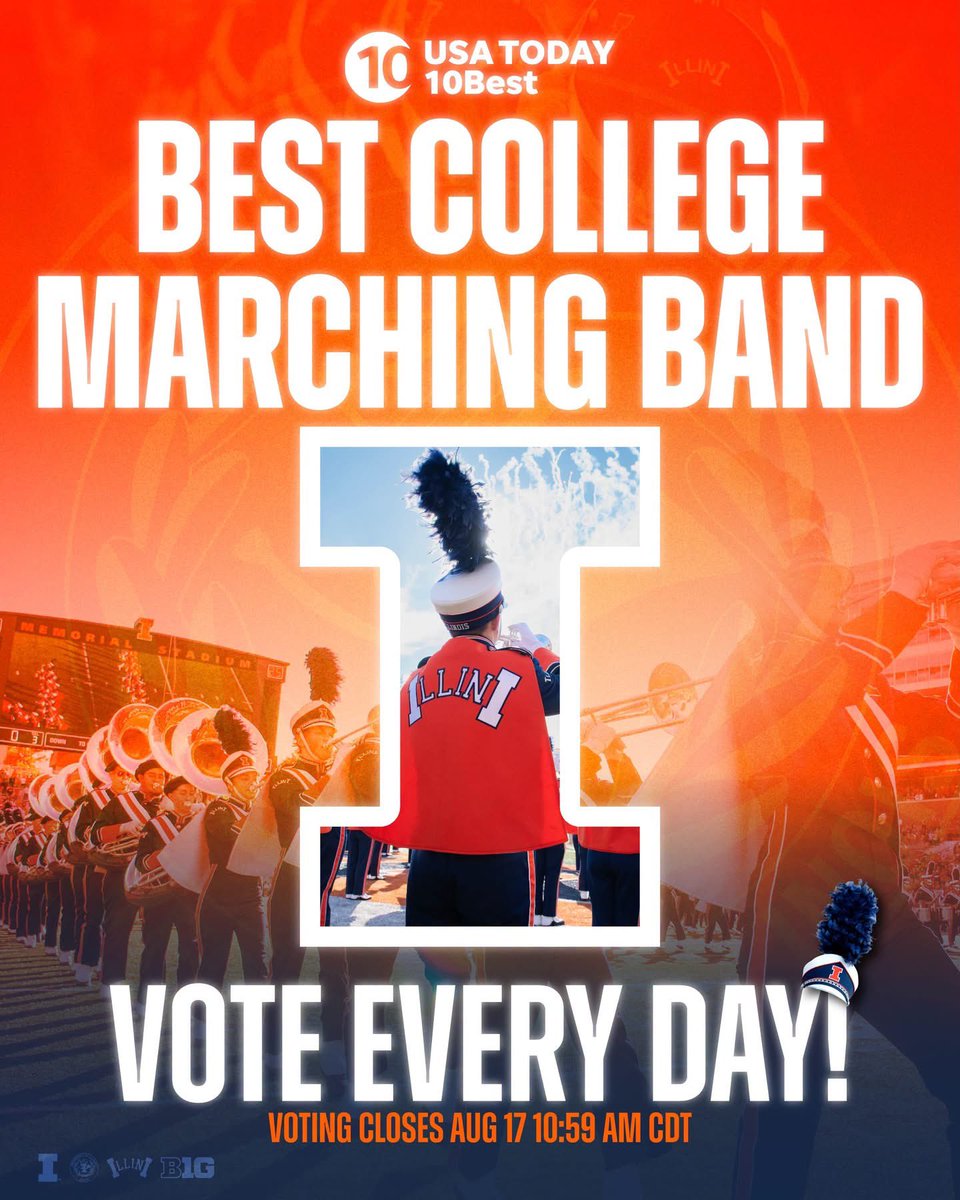 MarchingIllini's tweet photo. We are extremely honored to be in the running for “Best College Marching Band” in the 2026 USA Today Readers’ Choice Awards

We need YOU 🫵 to vote! Every day, between now and August 17 

https://t.co/czmcdVGiEY https://t.co/6VMG7d3gGp