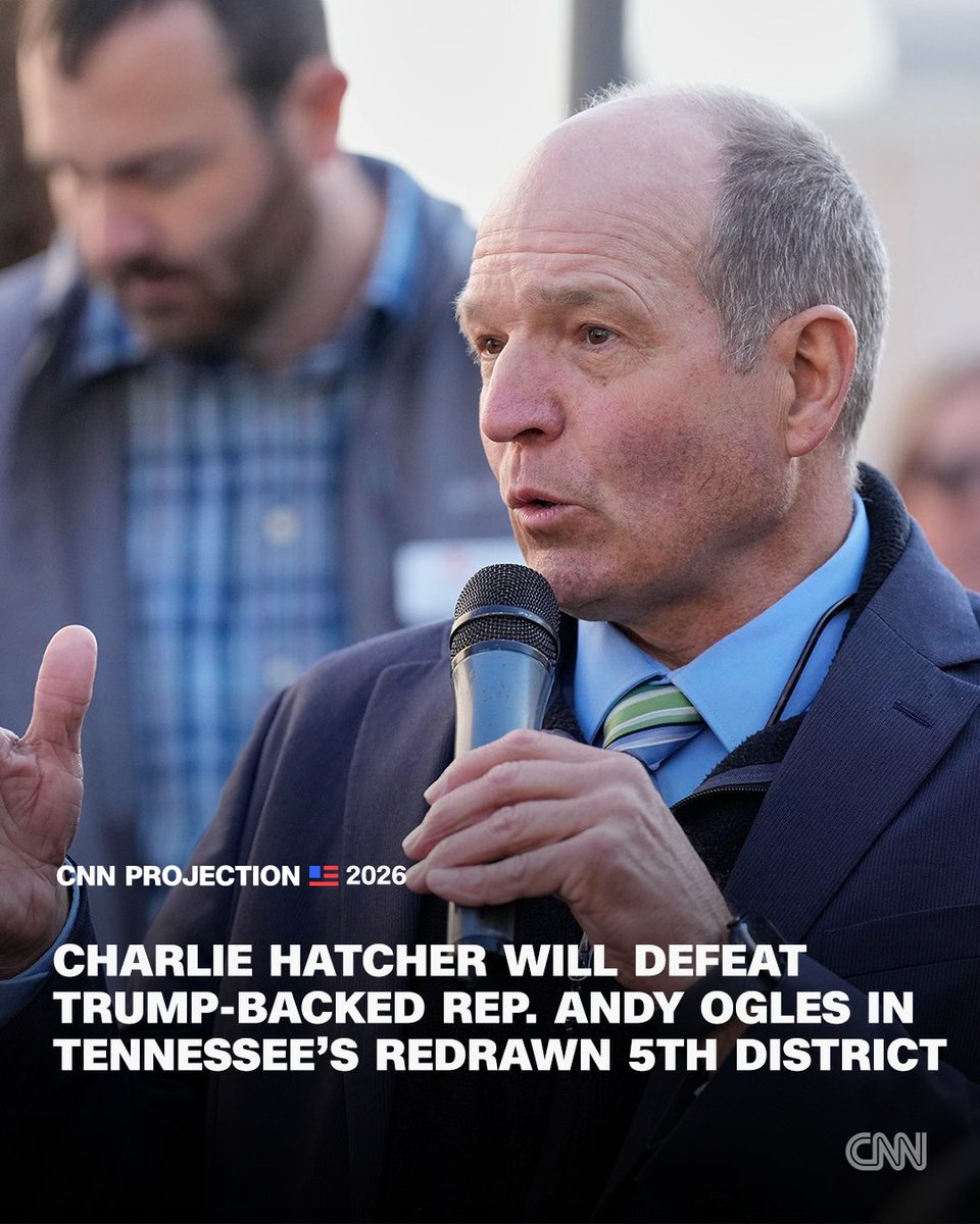 cnnbrk's tweet photo. Former Tennessee Agriculture Commissioner Charlie Hatcher will win the Republican primary in the state's newly redrawn 5th District, CNN's Decision Desk projects. He defeats Trump-endorsed conservative firebrand and incumbent Rep. Andy Ogles. https://t.co/0lV2pu2hqa https://t.co/N5gXD4a2x7
