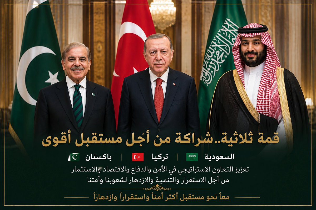 MSA1_2030's tweet photo. #المملكه_العربيه_السعوديه

القمة المرتقبة بعد  ساعات في جدة التي تجمع 
سمو سيدي ولي العهد محمد بن سلمان 🇸🇦
والرئيس التركي اردوغان 🇹🇷 
ورئيس وزراء دولة باكستان شهباز شريف 🇵🇰
 تحمل خمس رسائل رئيسية:
أولاً: بناء محور استراتيجي جديد. الدول الثلاث تمتلك عناصر قوة متكاملة؛ السعودية بثقلها الاقتصادي والسياسي، وتركيا بقاعدتها الصناعية والعسكرية، وباكستان بقوتها العسكرية وخبرتها الاستراتيجية. هذا التكامل يمنحها قدرة أكبر على التنسيق في القضايا الإقليمية.
ثانياً: تعزيز الأمن الإقليمي. من المرجح أن تكون ملفات البحر الأحمر، والخليج، وأمن الممرات البحرية، ومكافحة الإرهاب، والتعاون الاستخباراتي من أبرز الموضوعات المطروحة، خاصة بعد التوترات التي شهدتها المنطقة خلال الأشهر الماضية.
ثالثاً: تطوير الصناعات الدفاعية. تمتلك تركيا صناعة دفاعية متقدمة، بينما تستثمر السعودية بقوة في توطين الصناعات العسكرية، وتملك باكستان خبرات مهمة في المجالات الدفاعية. وإذا تطور التعاون إلى مشاريع مشتركة، فقد يشكل نقلة نوعية للدول الثلاث. أما ما يُتداول عن اتفاقية دفاع مشترك فما يزال يستند إلى تقارير إعلامية بانتظار أي إعلان رسمي. 
رابعاً: إعادة رسم التوازنات الإقليمية. القمة قد تعكس توجهاً نحو تنسيق أكبر بين قوى إقليمية مؤثرة، بما يمنحها هامشاً أوسع في إدارة ملفات المنطقة بعيداً عن الاعتماد الكامل على القوى الدولية.
خامساً: البعد الاقتصادي. إلى جانب الأمن، من المتوقع أن يشمل التعاون الاستثمار، والطاقة، وسلاسل الإمداد، والتقنيات المتقدمة، بما يعزز الشراكات الاقتصادية بين الدول الثلاث.