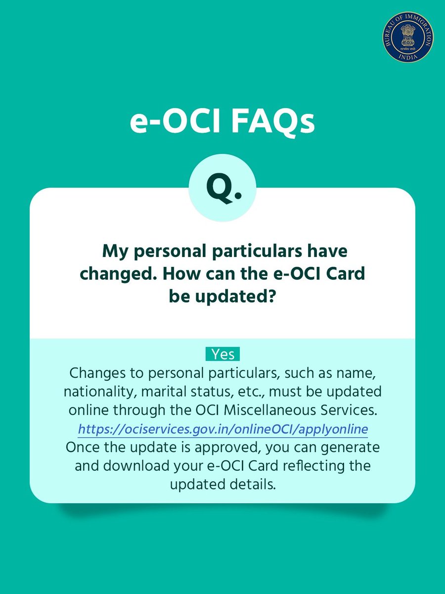 BOIndiaOfficial's tweet photo. Common e-OCI query answered.

👉🏽 I have renewed my passport. Is any action required before downloading the e-OCI

🔸 Yes. You first need to update your passport particulars online using the OCI Miscellaneous Services https://t.co/8vT0MFhYzr 
Thereafter, you may download your e-OCI card from https://t.co/gg53TdRlnU.

👉🏽 My personal particulars have changed. How can the e-OCI Card be updated?

🔸 Yes. Changes to personal particulars, such as name, nationality, marital status, etc., must be updated online through the OCI Miscellaneous Services. https://t.co/Po5s3WjjVi Once the update is approved, you can generate and download your e-OCI Card reflecting the updated details.

#eOCI #OCI #BureauOfImmigration