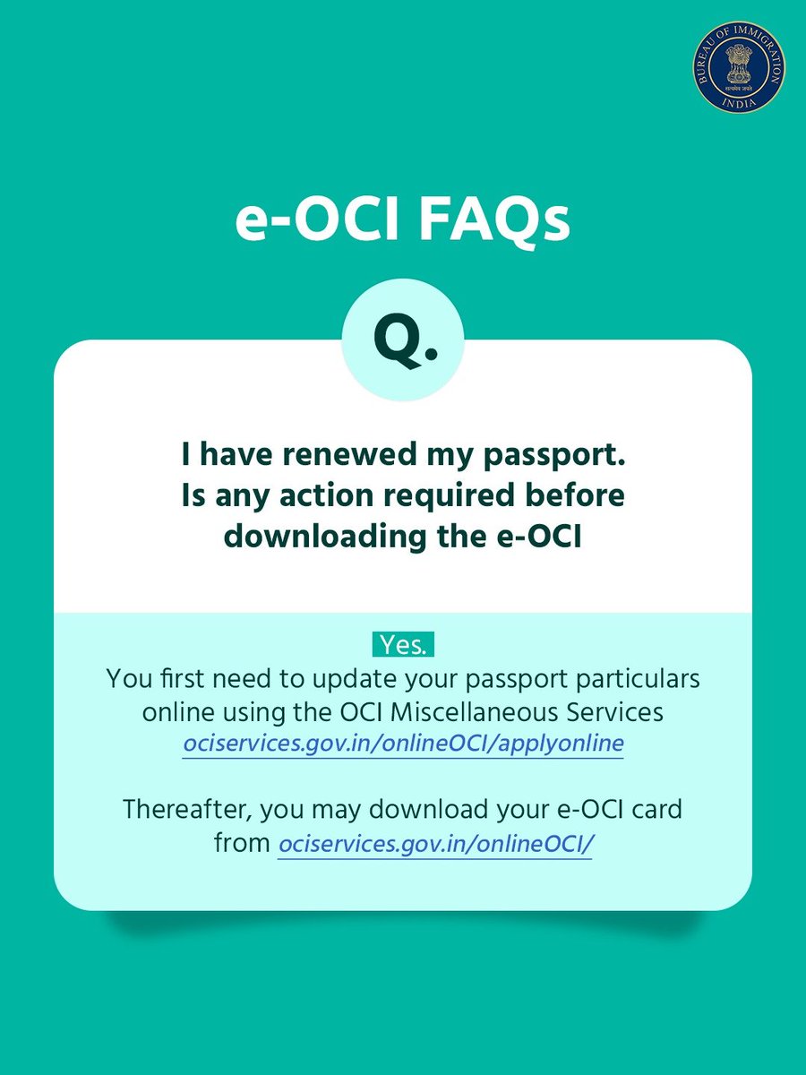 BOIndiaOfficial's tweet photo. Common e-OCI query answered.

👉🏽 I have renewed my passport. Is any action required before downloading the e-OCI

🔸 Yes. You first need to update your passport particulars online using the OCI Miscellaneous Services https://t.co/8vT0MFhYzr 
Thereafter, you may download your e-OCI card from https://t.co/gg53TdRlnU.

👉🏽 My personal particulars have changed. How can the e-OCI Card be updated?

🔸 Yes. Changes to personal particulars, such as name, nationality, marital status, etc., must be updated online through the OCI Miscellaneous Services. https://t.co/Po5s3WjjVi Once the update is approved, you can generate and download your e-OCI Card reflecting the updated details.

#eOCI #OCI #BureauOfImmigration