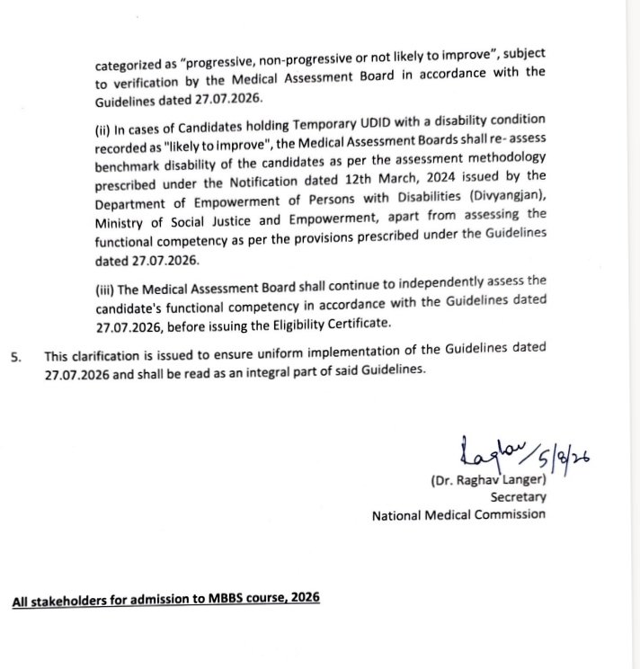 h_pongilath's tweet photo. This is for the information to candidates that the Choice Filling for Round-1 of UG Counselling 2026 which was scheduled to start from 06.08.2026 will now commence by 12:00 Noon of 08.08.2026 in view of #NMC notification with respect to #PwBD candidates issued vide Letter..
#MCC https://t.co/TARhKCXA7m