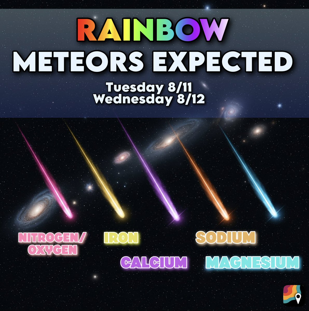 MatthewCappucci's tweet photo. COLORFUL METEORS TUESDAY NIGHT! 🌠

The Perseid meteor shower is coming and I AM SO EXCITED! This will be the best display since 2018. There will be 50-75 meteors every hour under clear, dark skies and no moon to outshine them!

It's because Earth is plowing through a clump of pebbles in space, which burn up in our outer atmosphere. These pebbles were left by comet Swift-Tuttle, which last passed by us in the early 90s. 

But what makes the rainbow colors associated with Perseid meteors?
1.) Their composition! Different elements burn different colors. (Remember high school chemistry class?)
2.) The meteor compresses/superheats a cushion of air, ionizing it and making it glow. (These meteors are zipping through the skies FAST... 37 miles per second!) 

MOST will be yellowish. Some are teal/green, due to magnesium and nickel, or excited oxygen. Red colors result from excited atmospheric nitrogen and oxygen. 

There will also be some fireballs! A fireball is an extra-bright meteor. (For technical folks, it has to be -3 magnitude brightness, about on par with the plant Venus's apparent luminosity.) Meteors can be particularly bright if they are bigger or penetrate deeper into Earth's atmosphere. 

The Perseid meteor shower is rich in fireballs. In fact, the Perseids are the most prolific fireball-producer of any meteor shower.

Most shooting stars/meteors during the Perseids are only the size of a grain of puffed rice, but bigger meteors – sometimes the size of a golf ball – can sometimes burn up and make for a dramatic fireball.

"We have found that one meteor shower produces more fireballs than any other," said Bill Cooke of NASA's Meteoroid Environment Office. "It's the Perseid meteor shower."

His office has been using a network of camera to track fireballs since 2008.

This year's display peaks August 11-13, Tuesday through Thursday!