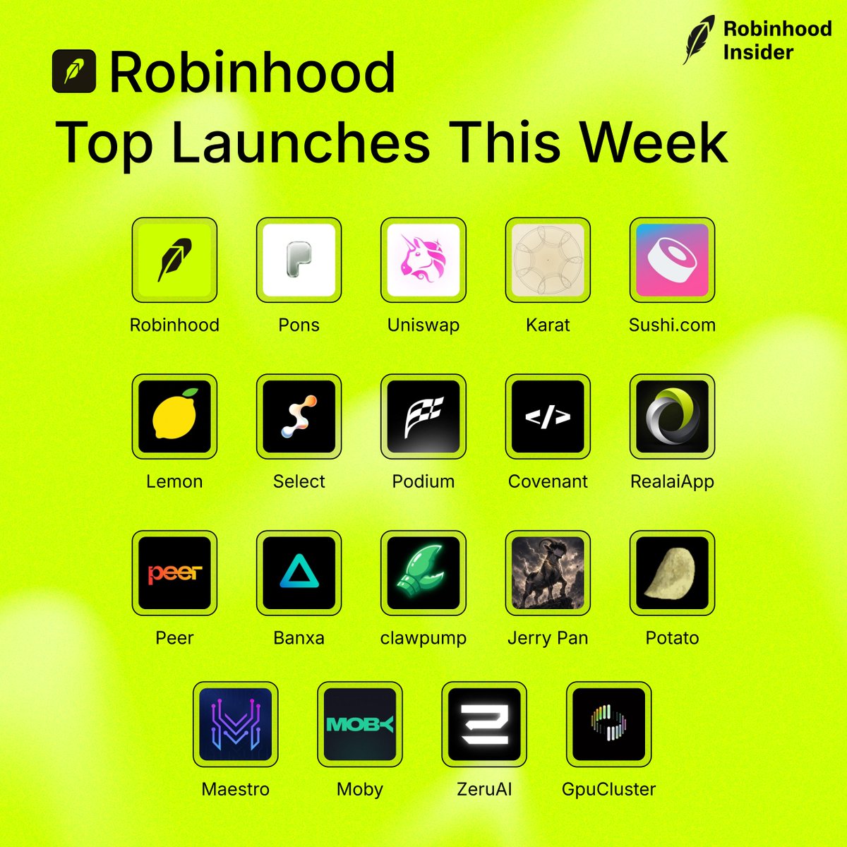 HoodInsider_'s tweet photo. Here are some of the biggest launches from the this week on Robinhood Chain 👇

- @RobinhoodApp launched Robinhood Cortex on Android, expanding its AI investing assistant to mobile.

- @ponsdotfamily launched Pons V2, introducing the next generation of its launch infrastructure.

- @Uniswap launched @TradePools on Robinhood Chain, introducing a new launchpad for token creation and trading.

- @karatdotwtf launched on Robinhood Chain, introducing a social investing platform where users can hold $KARAT to earn tokenized gold (**$ART**), powered by @GoldFingerRWA.

- @SushiSwap unveiled Sushi Launch, enabling token launches paired with tokenized stocks.

- @lemondotfun released https://t.co/5ZHsHD3sjY V2, featuring a redesigned discovery page, trading terminal, and multichain launch flow.

- @selectfdn launched https://t.co/eovaQIcjdD, a fair-launch platform with permanent liquidity locks and revenue sharing.

- @Podium_Market announced the first native prediction market built on Robinhood Chain.

- @OpenCovenant launched programmable USDG spending accounts for autonomous AI agents.

- @Realai_App launched IUSD, an algorithmic stablecoin backed by Robinhood stock tokens and USDG.

- @peerxyz went live with payments infrastructure on Robinhood Chain.

- @BanxaOfficial integrated Robinhood Chain, bringing fiat on-ramps via cards, Apple Pay, and Google Pay.

- @clawpumptech integrated Pons V2, enabling AI agent launches with RWA trading pairs.

- @stambouli_o1 deployed the complete O1 Exchange suite, including its trading terminal, DEX aggregator, mobile trading preview, and launchpad.

- @rdbotato launched a Uniswap V3 liquidity terminal with APR rankings, fee analytics, liquidity depth, and one-click LP creation.

- @MaestroBots added full trading support for Pons V2 launches, including fast execution and cashback rewards.

- @mobyagent integrated Bankr, adding AI agent discovery and smart-money tracking.

- @zerufinance launched zScore NFTs, allowing users to mint onchain behavioral reputation.

- @GpuClusterHood introduced verifiable AI compute infrastructure, settling payments only after cryptographic proof of completed inference.