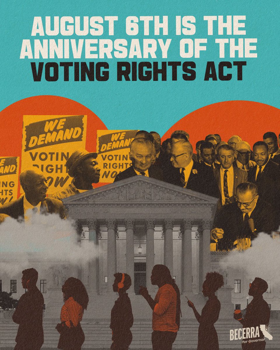 XavierBecerra's tweet photo. The Voting Rights Act reminds us that democracy works best when every eligible voter can make their voice heard.

As Attorney General, I fought to protect Californians' right to vote. As Governor, I'll keep standing up against voter suppression and defending free and fair elections.

The right to vote is worth fighting for.