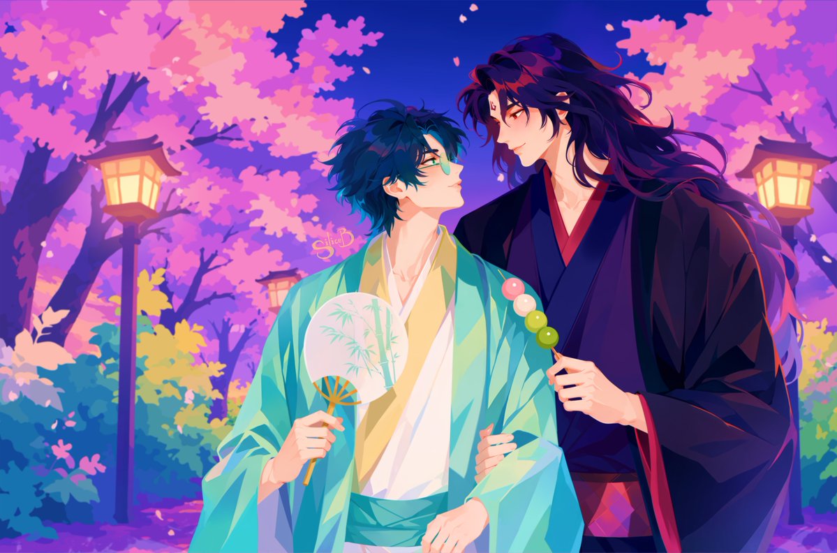 SiliceB's tweet photo. My piece for the 2027 MXTX Fan Calendar is finally here! For April, I gave Shen Jiu and Luo Binghe a sweet Tanabata date, basically Binghe’s ultimate romantic dream come true. My BingJiu heart needed this so badly! Campaign link in the comments. #bingjiu https://t.co/qPFOdrk7TB