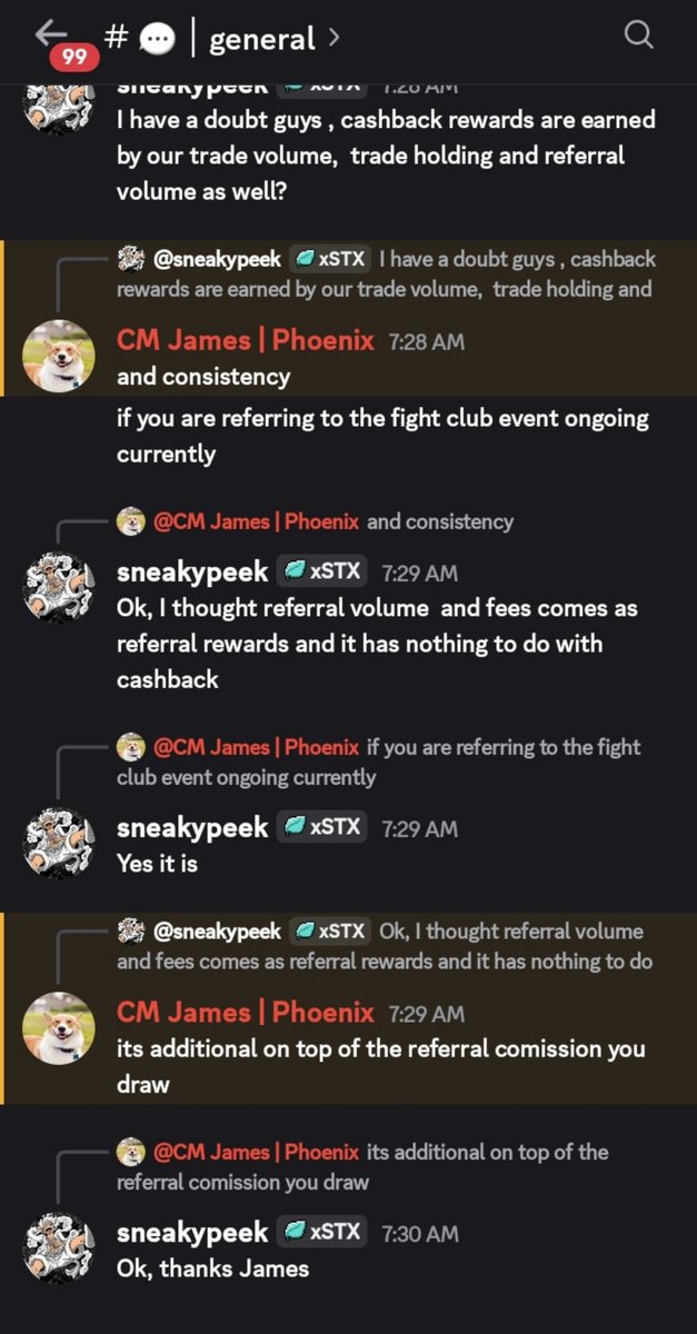 SneakypeekSol's tweet photo. Day 11 in @PhoenixTrade flight club

I made a mistake in understanding how the cashback system worked.

It seems we get rewards for 
- trading volume
- holding position 
- referral volume as well

I thought referral volume or fees comes as referral rewards but referral volume counts in cashback and referral fees counts as referral rewards.

Sorry for this guys,  totally my mistake for not understanding this as I didn't join their discord till now and I just saw the terms in platform and no mention of volume there.

By this mistake I got to know there  is a 4th point to earn rewards and that is consistency. 

If we trade or hold position for long time it counts towards cashback as well.

I made 7$ today,  thanks to my position I've been holding for 7 days and my referral brothers as well.

Happy trading.