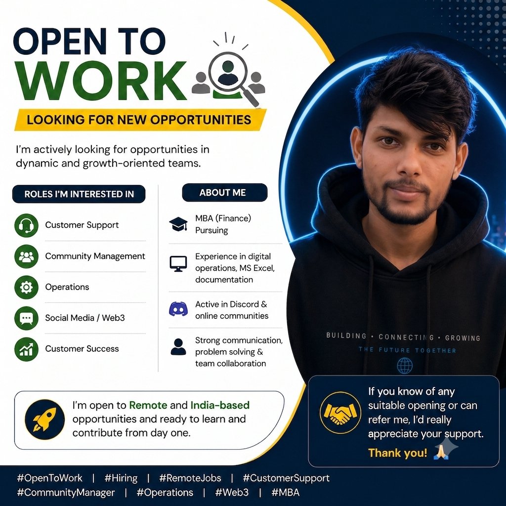 web30459082's tweet photo. 🚀 Open to Web3 Opportunities

Looking for roles in:
• Community Management
• Discord Moderation
• X/Twitter Management
• Web3 Operations

🎓 MBA (Finance)
🌍 Open to Remote

If you’re hiring, DM me. 🤝

#Web3 #CryptoJobs #Hiring #RemoteJobs https://t.co/diMOxQ5jXY
