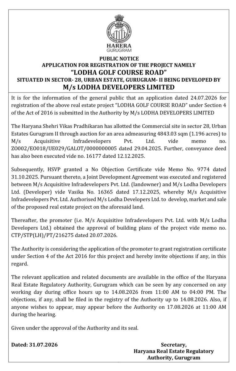 GauravGupta_RE's tweet photo. LODHA Golf Course Road

Lodha files for RERA registration on its first ever Project in NCR

Sector 28, Gurgaon | 1.196 acres

Grade A Commercial Tower | G+23 Floors

Very large office spaces on offer for a select few. Retail reserved for international brands only. https://t.co/KZeOM4CWrP