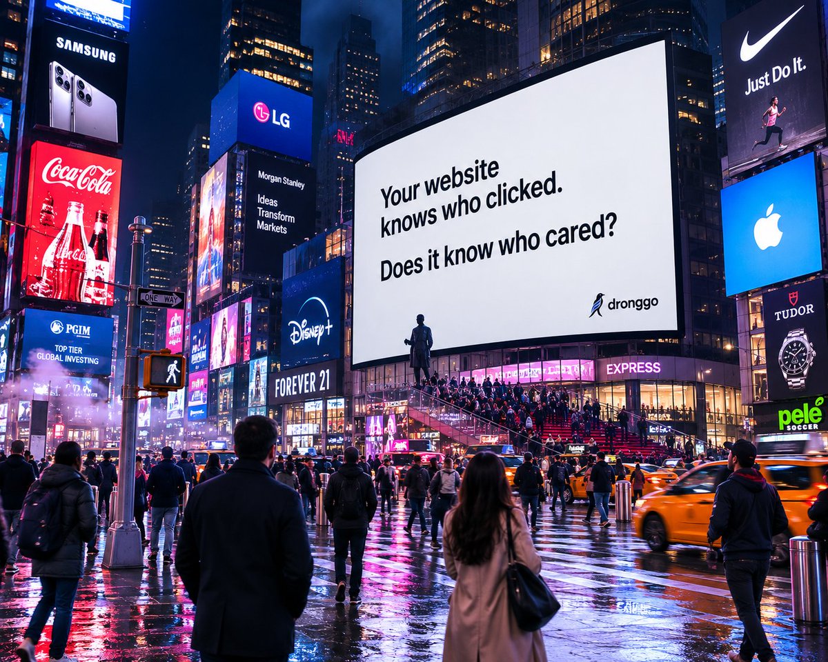 DronggoWIL's tweet photo. Times Square is built to capture attention.
We'd rather capture a thought.
Your website knows who clicked.
Does it know who cared?
🐦
#WebsiteRevenueIntelligence
#Dronggo #SaaS https://t.co/4fJFchQ0OO