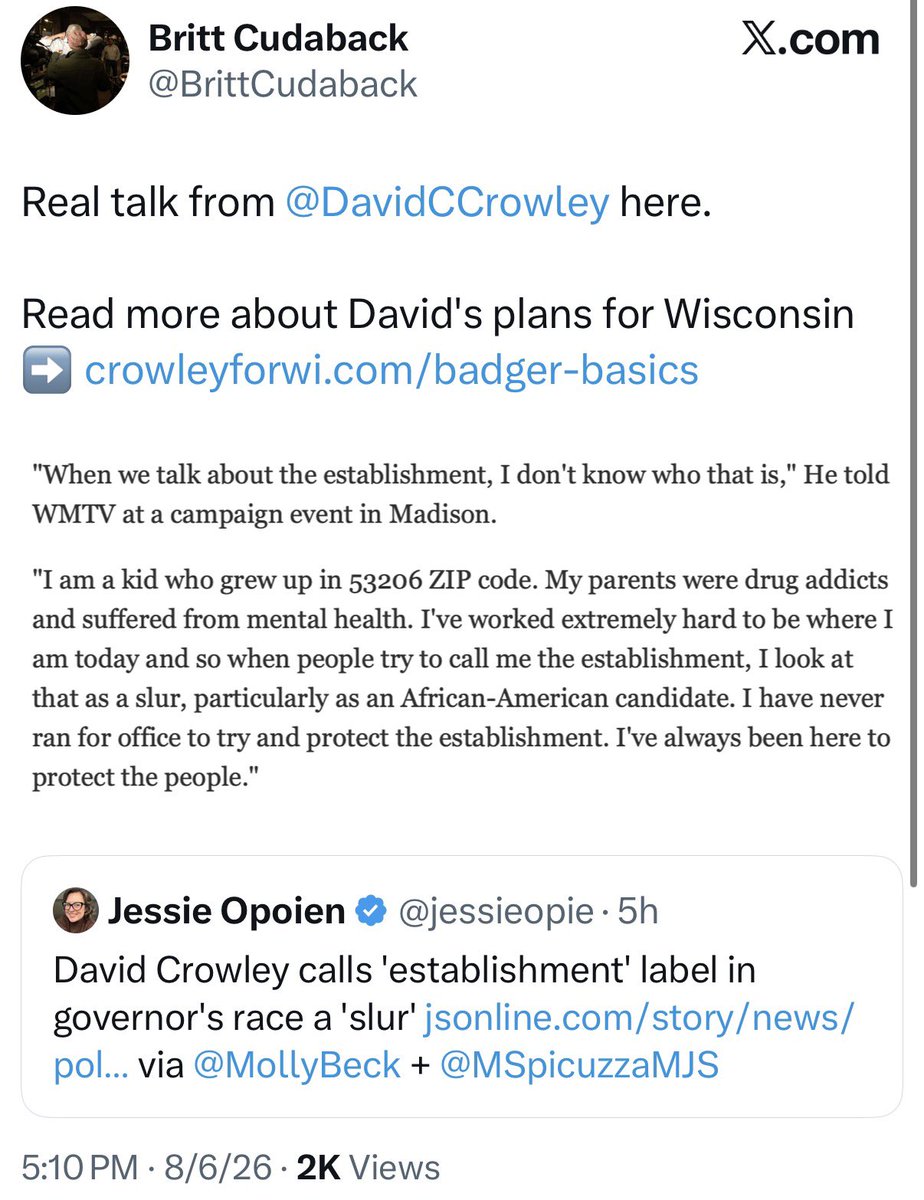 kenklippenstein's tweet photo. Referring to David Crowley’s remark that calling him establishment is a racist slur, Governor Tony Evers’ spokesperson says: “Real talk” https://t.co/aObFeDrVCX