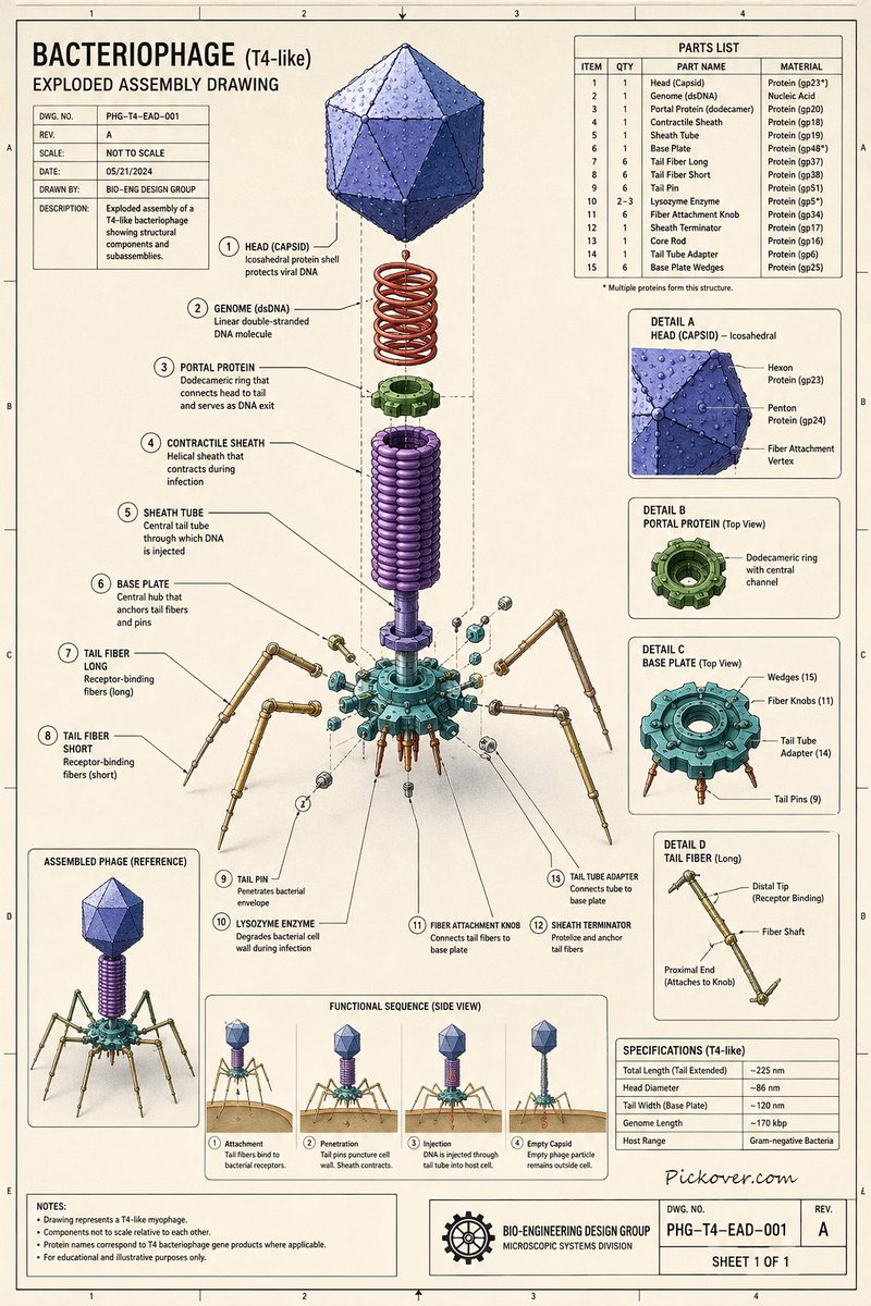 pickover's tweet photo. Behold the Bacteriophage virus. It's amazing to realize that this naturally appeared, after billions of years, from the quark-gluon plasma of the Big Bang.  The universe somehow taught matter to build nanoscale war machines. https://t.co/Q7eVBmzLr1