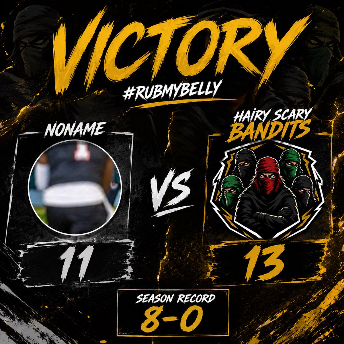 HSBandits's tweet photo. The guys were able to grind this win out today against noname. We’re now 8-0 on the season. #Rubmybelly 🥷 https://t.co/shkXhV3bOQ