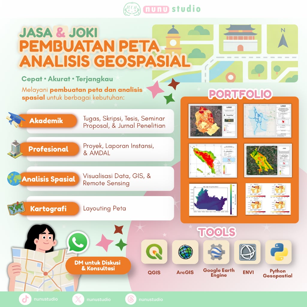 bearrypuf's tweet photo. Halo aku open jasa/joki peta dan analisis geospasial untuk kebutuhan:

🎓 Tugas, Skripsi, &amp; penelitian
🏢 Instansi &amp; proyek
📊 Visualisasi data
🗺️ Layout Peta

ArcGIS • QGIS • ENVI • Google Earth Engine • Python

WA for  consultation💬
#zonauang #zonajajan #zonacuan https://t.co/6HfiJW47Cc