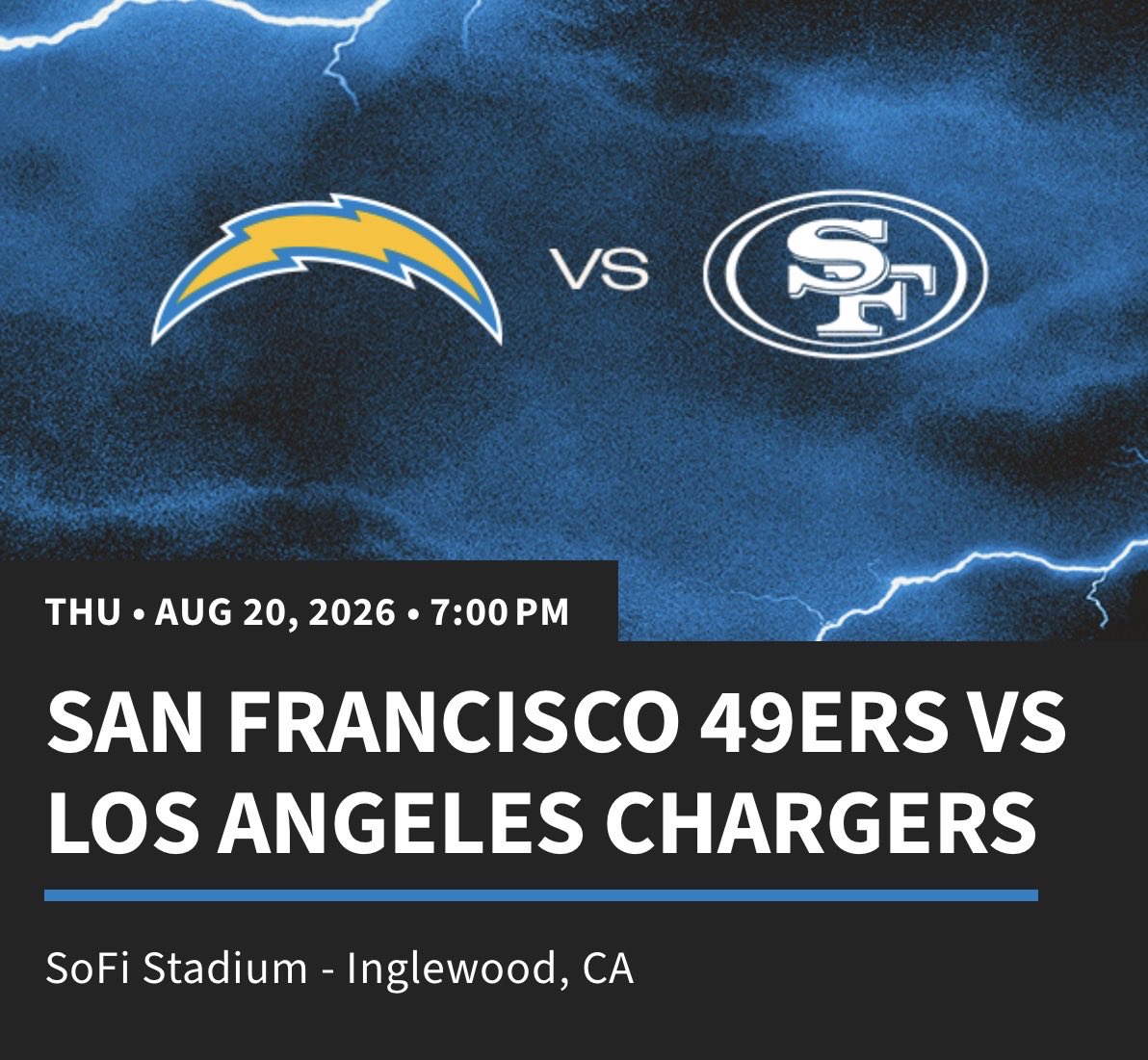 Knight_21's tweet photo. ⚡CHARGERS TICKET GIVEAWAY⚡

WIN 2 CLUB TICKETS to the Chargers vs 49ers preseason game! 

Enter now:
✔️ Follow
✔️ Like
✔️ Repost
✔️ Comment: Who will you bring to the game with you? 

Winner picked Sunday.

Check my pinned tweet for seat details. 

#BoltUp https://t.co/JTotU8FUgA