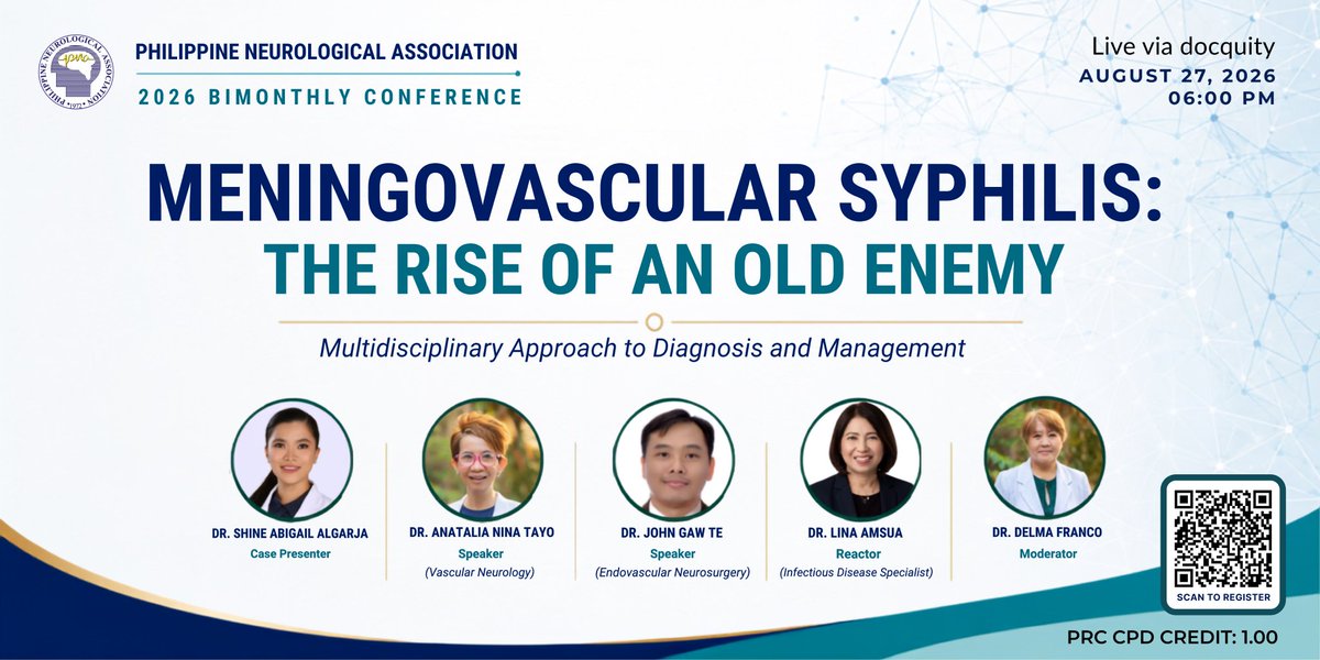 Docquity_PH's tweet photo. 🧠An old enemy is back. Join the PNA's 4th Bimonthly Conference on "Meningovascular Syphilis: The Rise of An Old Enemy" and get up to speed on diagnosis and management. Register now! #Neurology #PNA #ClinicalUpdate https://t.co/Ao0V4BoVfA