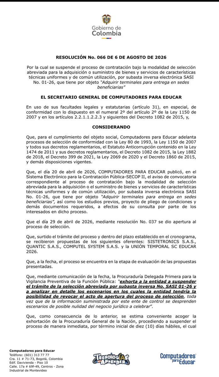 Melquisedec70's tweet photo. Atención. Primicia. 
La @PGN_COL ordena suspender contrato de última hora por $10 mil millones para “Adquirir terminales para entrega en sedes beneficiarias” en el programa “Computadores para educar” https://t.co/0Irihy5Tt7