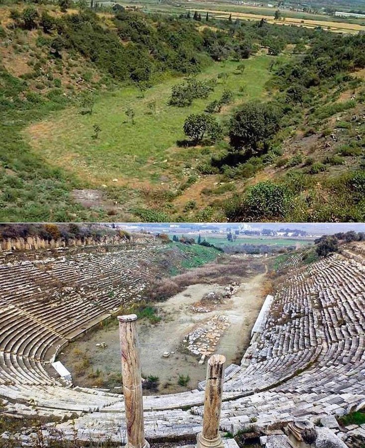 UnearthedHQ's tweet photo. The before and after of the excavation of the Ancient Greek Stadium of Magnesia, located in modern day Turkey. https://t.co/i7cQ8VfBnC