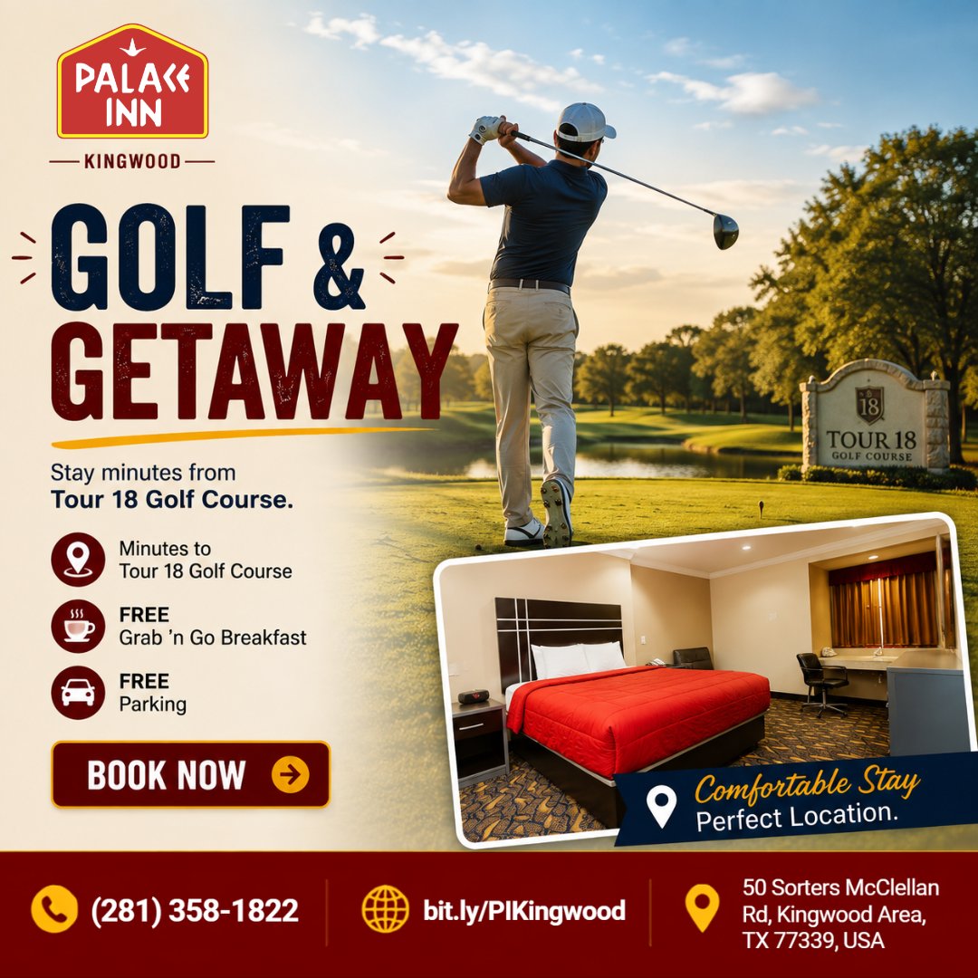 PalaceinnKTX's tweet photo. Planning a golf weekend? 
Stay near Tour 18 Golf Course and enjoy comfortable accommodations after every round. 

Book direct: https://t.co/k04BF4kkq9 

Tag your favorite golf buddy! ⛳

#GolfTrip #KingwoodTX #PalaceInn #Houston https://t.co/q0wLLWzOVO