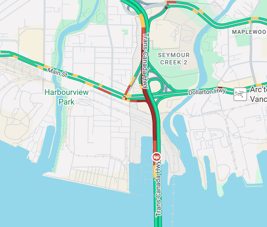 DriveBC's tweet photo. ⚠️ #SecondNarrowsBridge - Southbound vehicle incident is blocking the right lane approaching midspan. Crews are en route. Expect delays, please pass with caution.
#BCHwy1 #IronWorkersBridge #NorthVan #VancouverBC https://t.co/NzPc4xqFAF