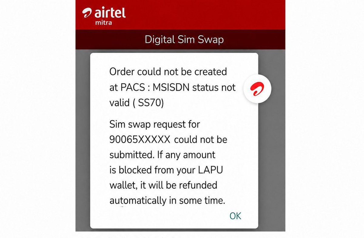 S__Kumar_'s tweet photo. Dear @Airtel_Presence, my mother lost her phone. We visited an Airtel distributor for a duplicate SIM, but after 3–4 attempts, every SIM swap failed with "MSISDN status not valid (SS70)." Please resolve this issue urgently, as the number is important. 
#Airtel  #SIMSwap https://t.co/Adxh4AImOQ
